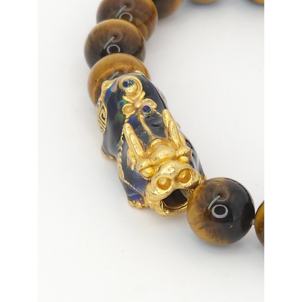 Natural Tigers Eye Bracelet Pixiu Charm Lucky Prosperity 8" Detailed .999 plated - Picture 3 of 10